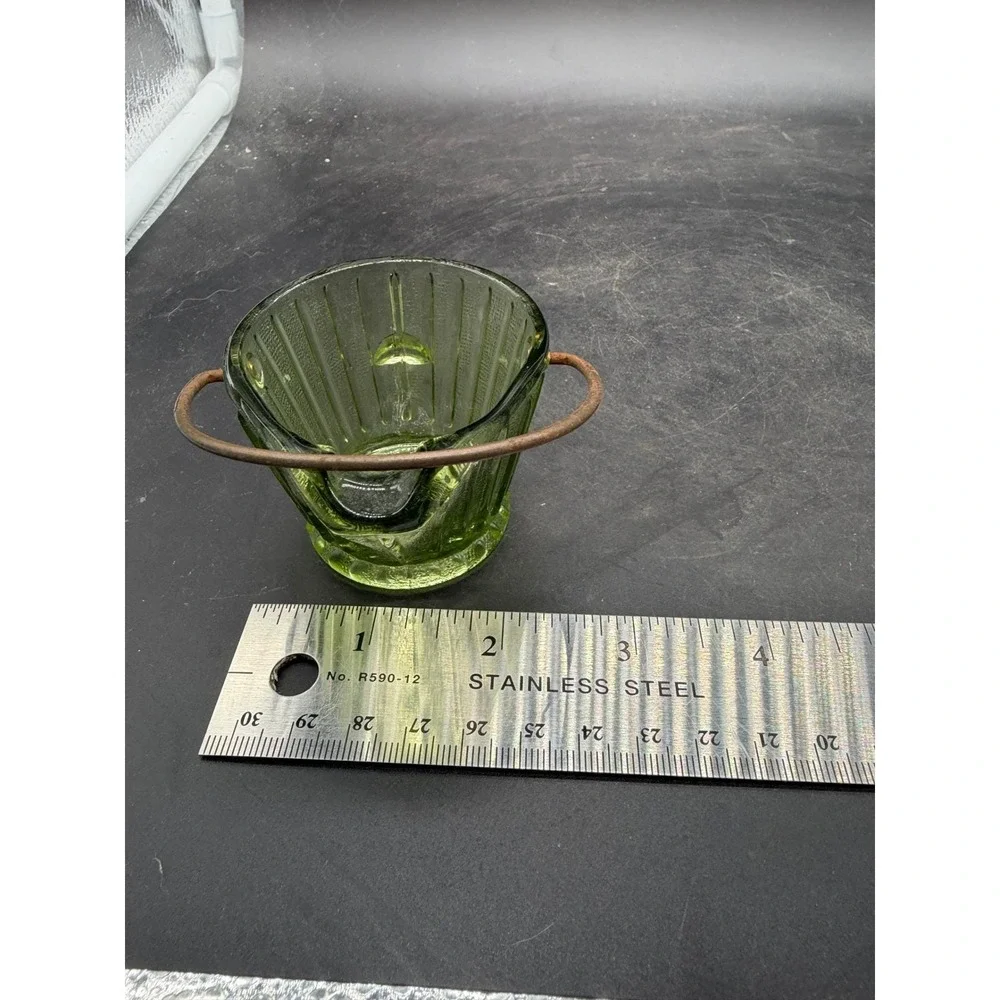 Vintage Green Glass Coal Scuttle Bucket Miniature Toothpick Holder Ribbed Design